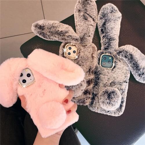Cute Rabbit Fur Warm Phone Case For iPhone 11 Pro Max XS Max X XR 7 8 Plus 3D Rabbit Ears Back Cover For iPhone 12 12 mini 12Pro