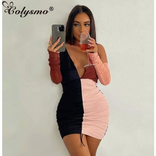 Colysmo Summer Mini Dress Mesh Long Sleeve Ruched Drawstring Slim Fit Deep V Patchwork Tie up Halter Dress Women Sexy Robe 2021