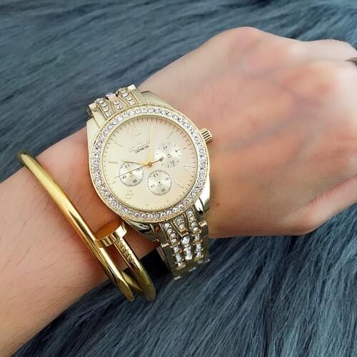 CONTENA Brand Luxury Rhinestone Bracelet Watch Women Fashion Gold Watches Full Steel Quartz Watch Hour montre homme reloj mujer
