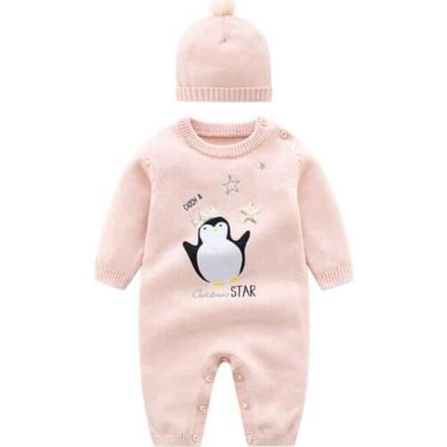 Spring Autumn Infant Baby Girls Rompers Long Sleeve Penguin Printing Rompers Newborn Cute Baby Girls Knit Rompers Clothes