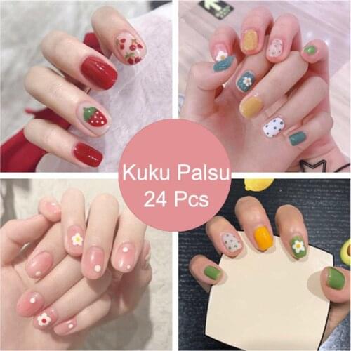 24pcs Strawberry Cute Fake Nail Sticker Gradient Red Glitter Artificial Nail Matte Black False Toe Fake Nails Manicure Tools