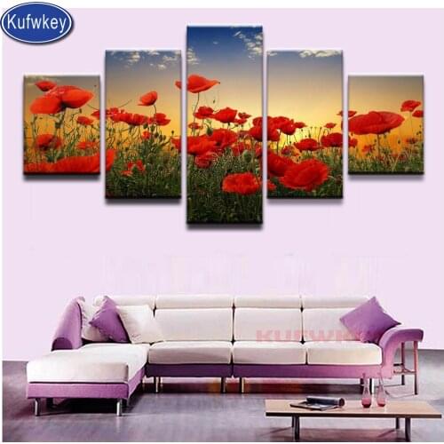 Sunset Poppies diamond painting full drill Cross Stitch 5d diy Diamond Embroidery 5pcs mosaic Flowers 3d picture of rhinestone