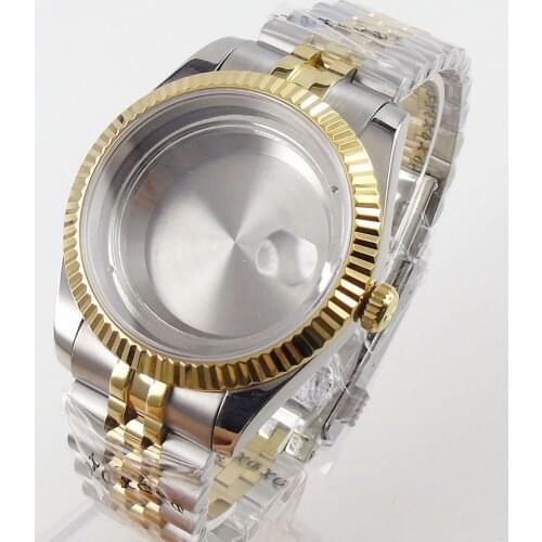 New 36MM Two Tone Gold Coated Watch Case Fluted Bezel fit NH35A NH36A Jubilee Bracelet Sapphire Magnifier