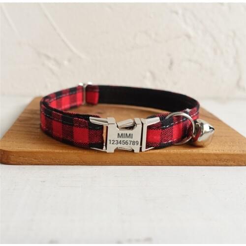 Custom Engraving Cat Collar Breakaway Quick Release Plaid Kitten Collar Adjustable Small Dog Collar Personalized Cat Collar Red
