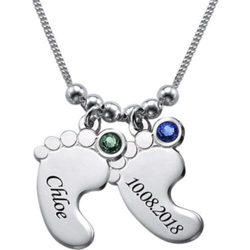 Noelia Fashion Birthstone Mini Foot Shaped Pendant Neckalce Custom Letter Name Necklace for Baby Mothers Day Jewelry Gift
