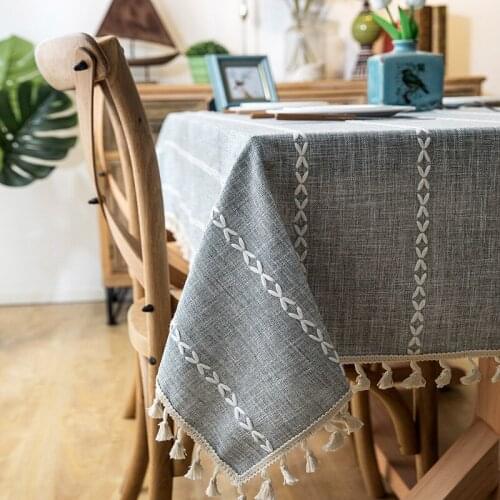 Japan Simplicity Tablecloth Blue Imitation Cotton Linen Embroidered Tassel Table cloth Geometric Rectangular Tea Table Cloth