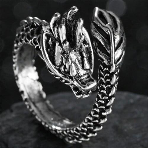 Adjustable Vintage Punk Dragon Animal Rings for Men Women Chunky Alloy Biker Rock Rap Embrace Skeleton Head Ring Gothic Jewelry