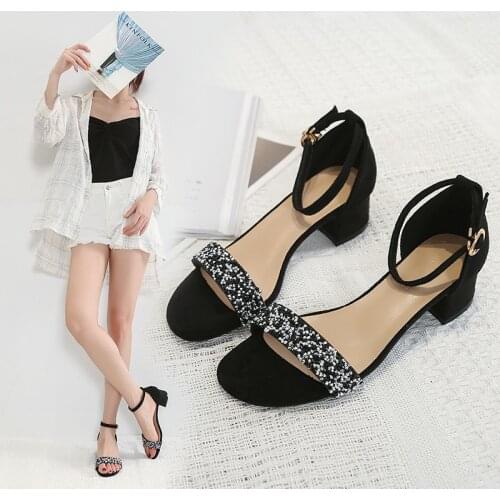 Colorful crystal suede open toe sandalias femme chunky cover med high heels gladiator sandale buckle round toe sandals women2020