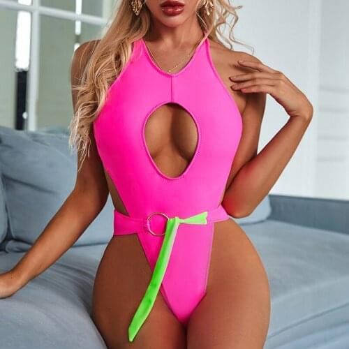 Misswim Sexy high cut swimsuit one piece female Pink swimwear women Hollow out bodysuit one piece monokini Belt swimsuit bathers