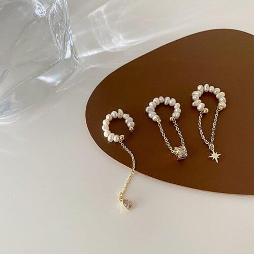 VSnow French Vintage Natural Freshwater Pearl Beaded Clip Earring for Women Star Waterdrop Geometric Metal Chain Earring Jewelry