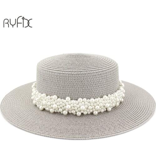 New Summer Hats For Women Full Pearl Beads Wide Brimmed Panama Hat Sun Visor Beach Hat Flower rivet Straw Hat HA210