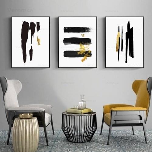 Modern Abstract Black Gold Brush Line Canvas Painting Minimalist Wall Art Poster Print Mural Pictures for Living Room Home
