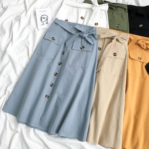 High Waist Women Elegant Midi Skirt Spring and Summer Casual Single-Breasted Solid Black White Bowknot Belt Office A-Line Skirt