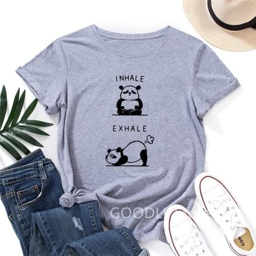 Funny Panda Imhale Exhale Shirts for Women Cute Panda Bear T-Shirt Animal Graphic Tee Summer Cotton Short Sleeve Tops