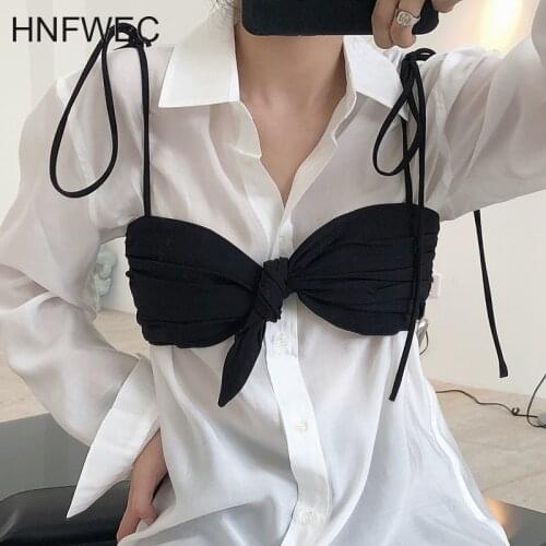 Ruched Bandage Bowknot Sling For Women Sleeveless High Waist Lace Up Oversized Black Short Tops Female Fashion New 2020 K620