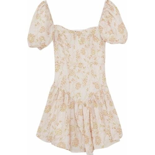 Sexy Ruffles Women Puffed Sleeves Dress Square Neck Slim Waist Floral Dresses New 2021Summer fashion Princess Pleated Dresses