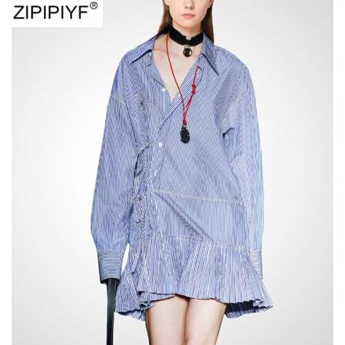 Elegant Fashion Women 2020 Vintage Striped Print A Line Party Dress Spring Long Sleeve Turn down Collar Mini Dresses Robe Femme