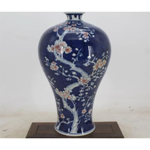 9 Antique QinggDynasty porcelain vase,Blue and white red ice plum bottle,Hand-painted crafts,Collection&Adornment,Free shipping