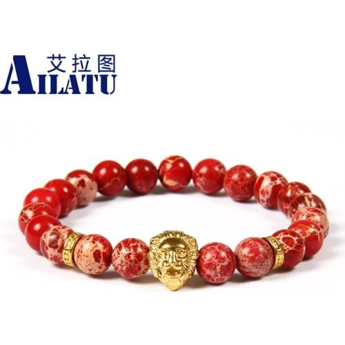 Ailatu New Design Jewelry Wholesale 10pcs/lot 8mm Red Seadiment Imperial Stone with Stainless Steel Lion Head Beaded Bracelet
