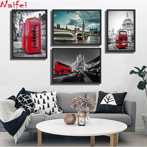 Diamond painting Black and White London Street diamond embroidery Red Telephone Booth Wall Pictures For Living Room Home Decor