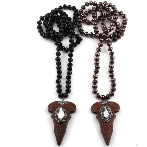 Free Shipping Fashion Bohemian Jewelry Black Long Crystal Glass Knotted Handmake Paved Arrowhead Pendant Necklace