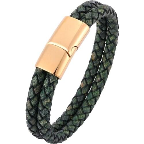 Fashion Men Bracelets Vintage Green Genuine Leather Braid Charm Bracelet Magnetic Buckle Clasps Men Jewelry Bangles BB0509