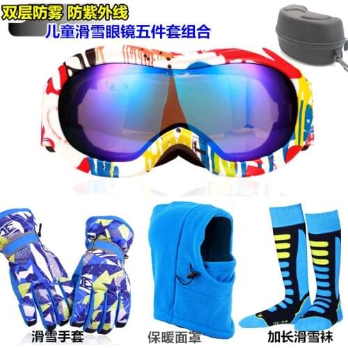 Childrens Ski Goggles Double-Layer Anti-Fog UV Protection Glasses Gloves Mask Snow Socks