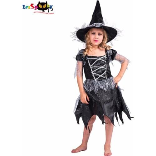 High Quality Black Lace Dresses For Girl Halloween Costumes For Girls Glitter Witch Cosplay Halloween Costume For Kids 2017