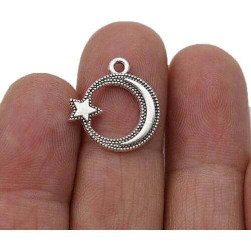 40pcs Antique Silver Plated Moon Star Charms Pendants for Jewelry Making Necklace DIY Handmade Craft 18x17mm