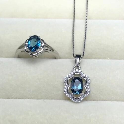 KJJEAXCMY boutique jewels 925 sterling silver inlaid natural blue topaz pendant ring 2 sets three-dimensional hollow out