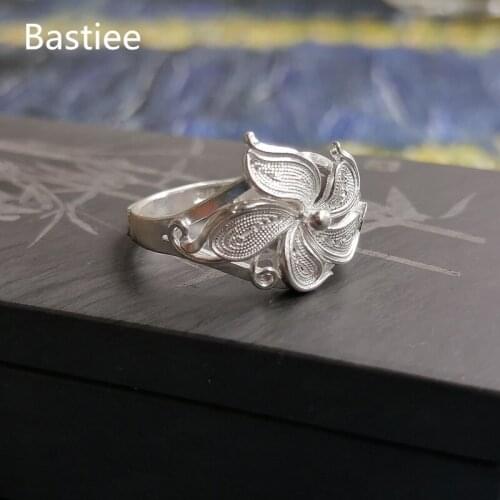 Bastiee 999 Sterling Silver Ring Bauhinia Flower Rings For Women Hmong Handmade Ethnic Luxury Jewelry Miao Silver Jewellery