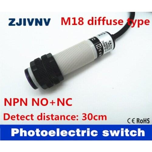 M18 diffuse type NPN NO+NC DC 4 wires laser photoelectric sensor switch normally open and close, distance 30cm (adjustable)