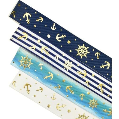 22mm 7/8" Gold Foil Ocean Series Boat Anchor Grosgrain Ribbon 50yards Welcome Custom Printed