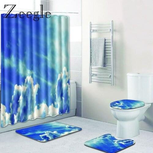 Zeegle Cloud Pattern Shower Curtain Set with Bath Mat Toilet Decor Rug Set Anti-slip Bath Foot Mat Doormat Washable Floor Rug
