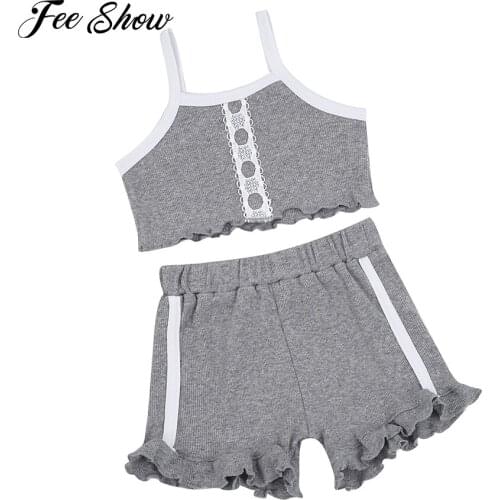 New Summer Baby Girls Clothes Sleeveless Lace Camisole Top Ruffle Short Sets Newborn Casual Ribbed Outfits Infant 2Pcs Sleepwear