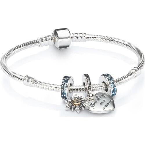 NEW 100% 925 Brand New 1:1 Charm Fashion Blue Temperament & Heart Shaped Snowflake Pendant Charm Bracelet Set