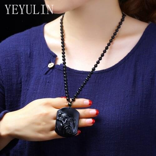 New Design Natural Obsidian Stone Wolf Head Pendant Necklace Stone Beaded Chain Blessing Amulets Jewelry For Woman Man
