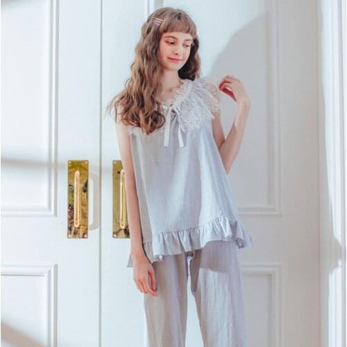 Pajama Lady Summer Sleeveless Lace Casual 100% Cotton Pajama Thin Ladies Korean Version Palace Suit Lounge Intimate Lingerie