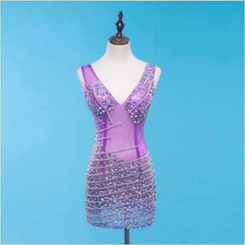 Birthday Celebrate Dress Nightclub Women Singer Show Sleeveless Dress Bright Multicolor Rhinestones Black Purple Mesh Dress