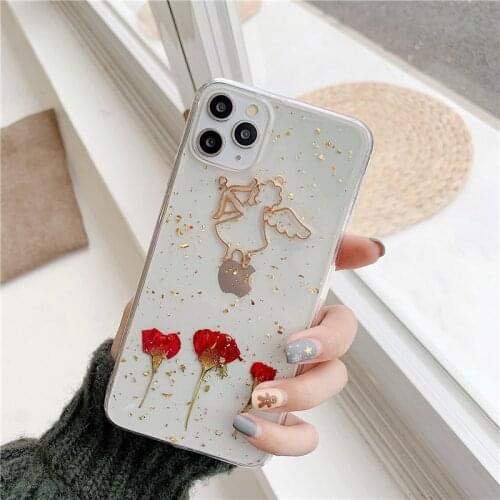 Luxury Rose Dried flowers angel Phone Case For iPhone 11 Pro Max case Cute soft cover for iPhone XS Max XR X 7 8 Plus 7Plus Case