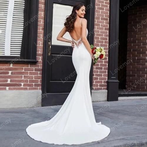 Sexy Satin Wedding Dresses Appliques Pleat V-Neck Spaghetti Straps Backless Mermaid Bridal Gowns Vestidos Novia Do 2021