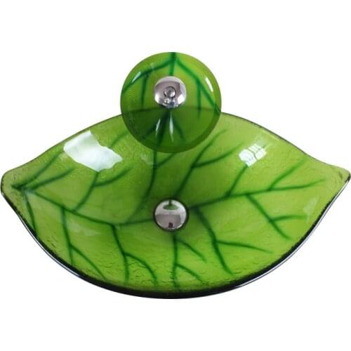 Hotel Bathroom Green Leaves Boat Shape Tempered Glass Wash Basin Toilet Art Hand Sink Countertop Washbowl Set +Faucet +Drainer