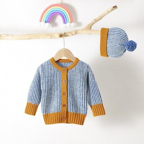 Baby Clothes Autumn Winter Coats Boys Girls Mixed Color Long Sleeve Single-breasted Knitted Outwear Cardigan+ Plush Ball Cap