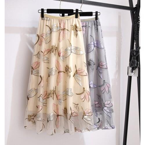 Zarachiel Summer Tulle A-line Elastic High Waist Pleated Long Skirt Women Sequins Butterfly Embroidery Layered Voile Fairy Skirt