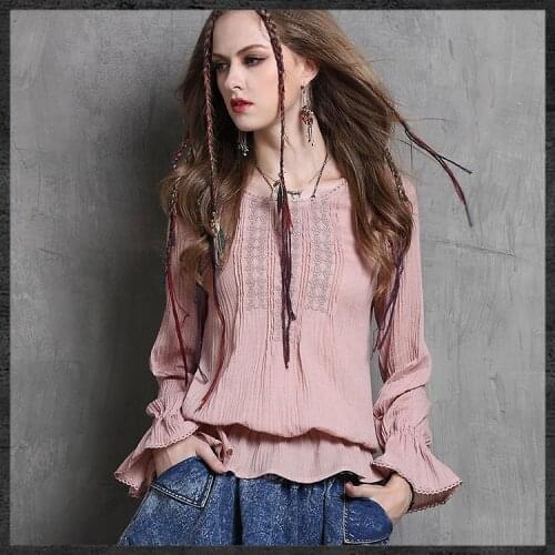 Plus size Bohemian style womens vintage shirts embroidery cotton full sleeve classic blouse boho high tops ruffles camisa