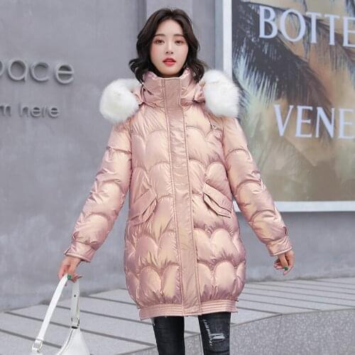 ISENMAL Big Fur Collar Hooded Women Mid-long Parka Winter Thick Female Glossy Cotton Padded Jacket Casual Shiny Warm Puffer Coat
