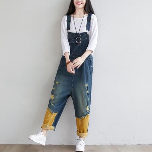 Johnature 2021 Autumn New Retro Patchwork Hole Full Length Denim Jumpsuits Loose Comfortable All-match Women Leisure Jumpsuits