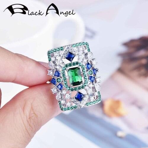 BLACK ANGEL 2021 New 925 Silver Imitation Emerald Ring For Women Rectangle Gemstone Crystal adjustable Fashion Jewelry Gifts
