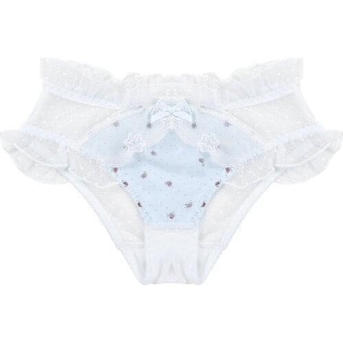 Womens Lingerie See-through Mesh Underwear Low Waist Patchwork Panties Lace Trim Ruffled Briefs Floral Print Bowknot Underpants