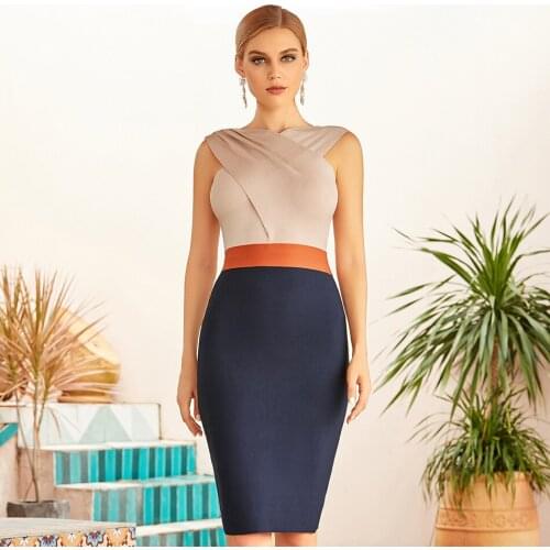 Party Dresses Women Evening Elegant Patchwork Sleeveless Bandage Dress Sexy Tank Knee Length Night Club Celebrity Bodycon Dress